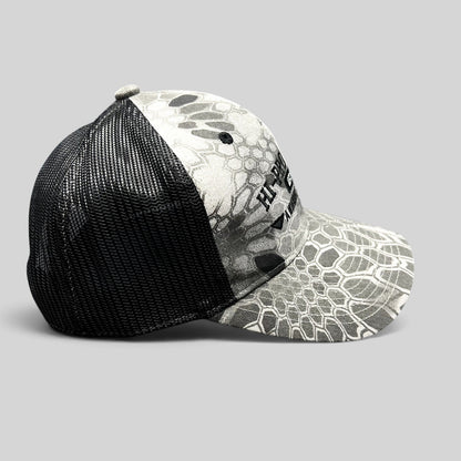 Raree Finds Hi-Pro Feeds trucker hat in gray and black Kryptek Raid camo with black mesh back and snapback closure.