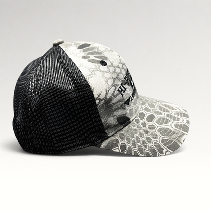 Raree Finds Hi-Pro Feeds trucker hat in gray and black Kryptek Raid camo with black mesh back and snapback closure.