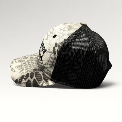 Raree Finds Hi-Pro Feeds trucker hat in gray and black Kryptek Raid camo with mesh back and embroidered logo
