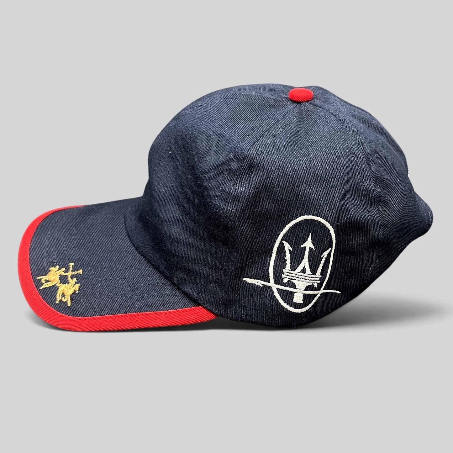 Raree Finds vintage La Martina navy blue cotton strapback hat with Maserati trident logo and red brim piping