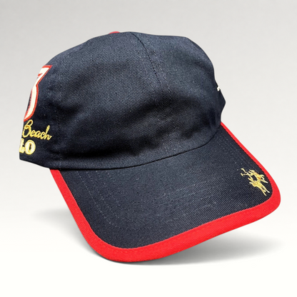 Raree Finds vintage La Martina navy blue cotton strapback hat with red brim piping and Miami Beach Polo embroidery.