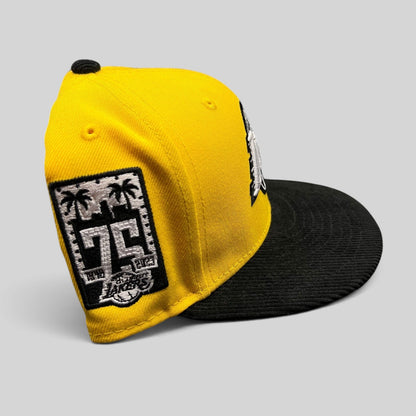 Raree Finds Los Angeles Lakers 75th anniversary snapback hat with a gold crown and black corduroy brim