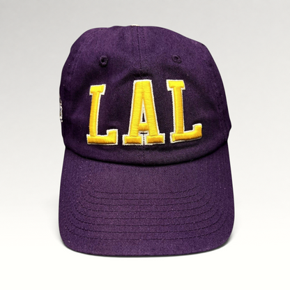 Raree Finds purple Los Angeles Lakers LAL strapback hat with yellow tackle twill embroidery on a cotton crown.