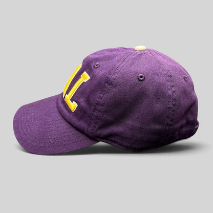 Raree Finds purple Los Angeles Lakers LAL strapback hat with yellow tackle twill embroidery and relaxed cotton fit.