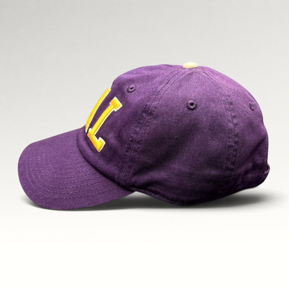 Raree Finds purple Los Angeles Lakers LAL strapback hat with yellow tackle twill embroidery and relaxed cotton fit.