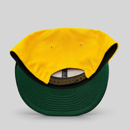 Raree Finds Los Angeles Lakers 9FIFTY snapback hat showing the gold crown, black corduroy brim, and green undervisor.