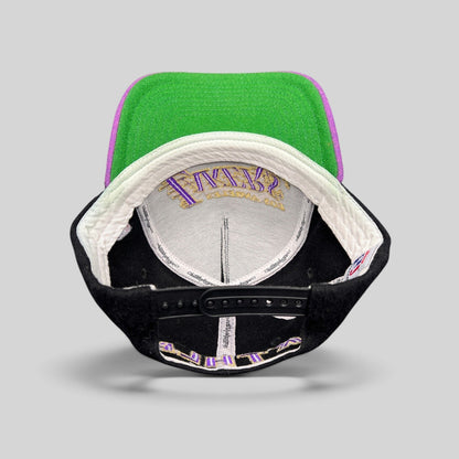Raree Finds Kill the Hype Lakers snapback hat showing interior branding, green underbrim, and adjustable strap.