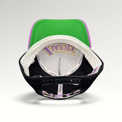 Raree Finds Kill the Hype Lakers snapback hat showing interior branding, green underbrim, and adjustable strap.