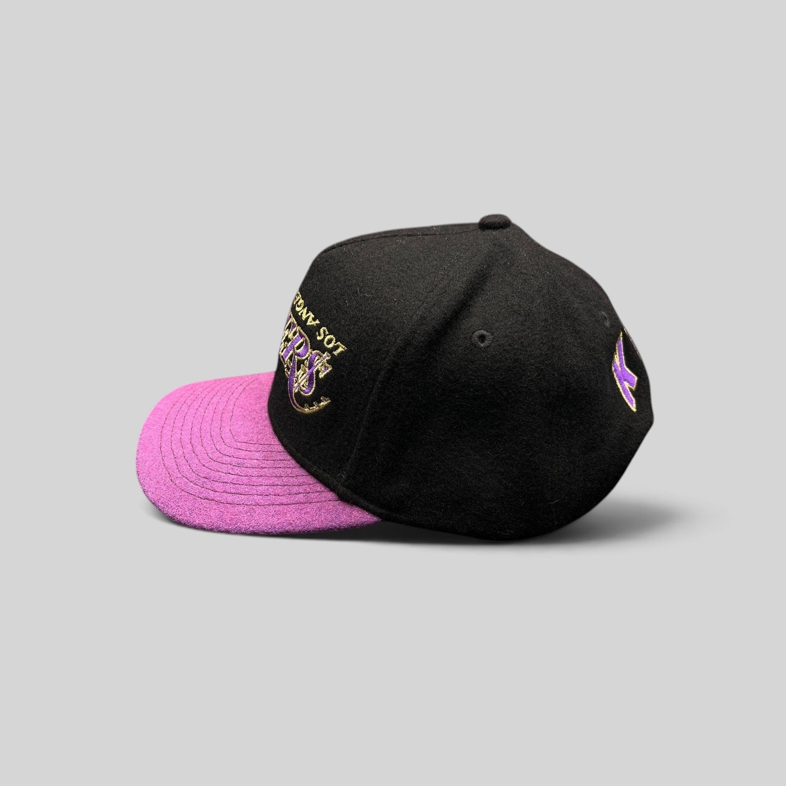 Raree Finds Kill the Hype Los Angeles Lakers snapback hat featuring a black wool crown and purple felt brim.