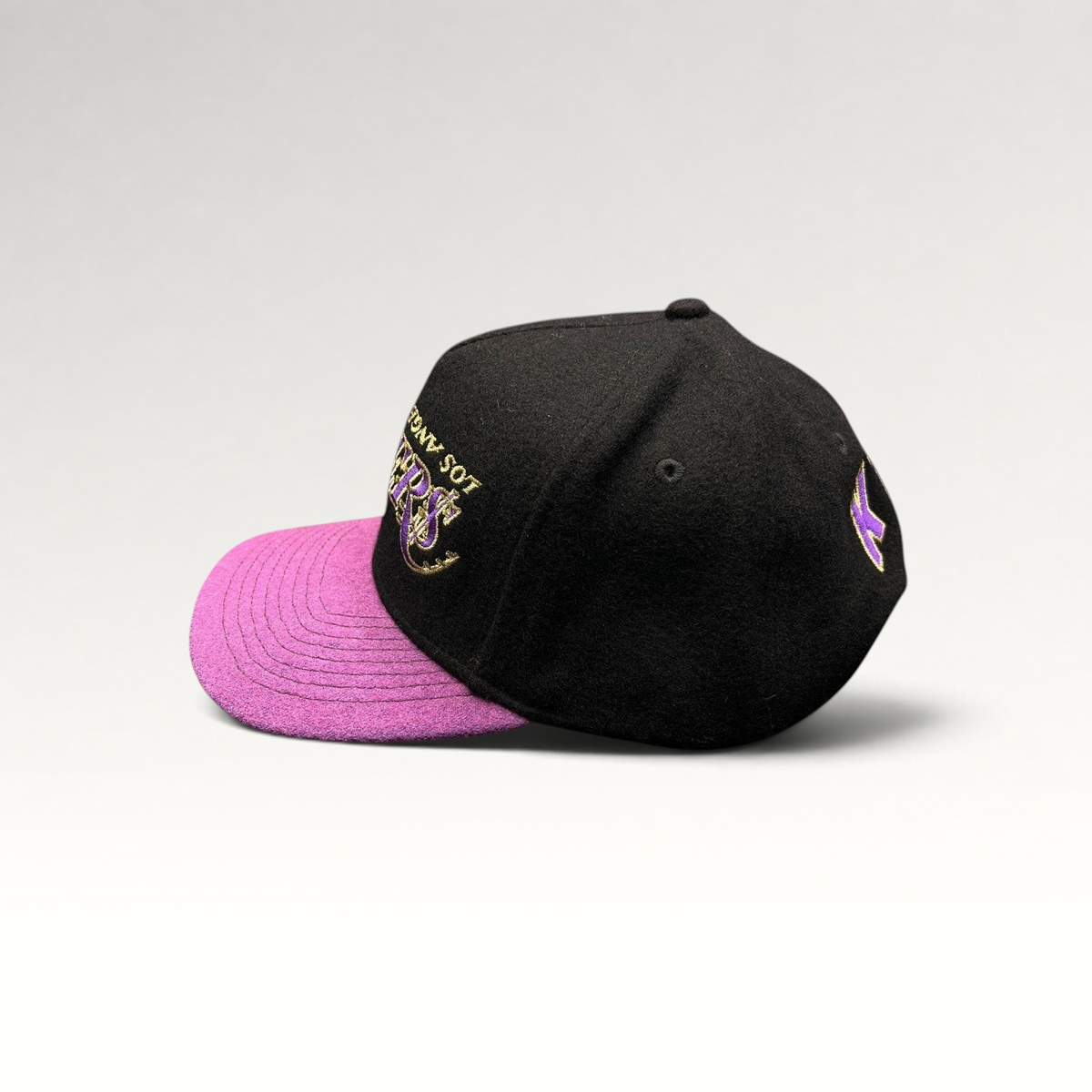 Raree Finds Kill the Hype Los Angeles Lakers snapback hat featuring a black wool crown and purple felt brim.