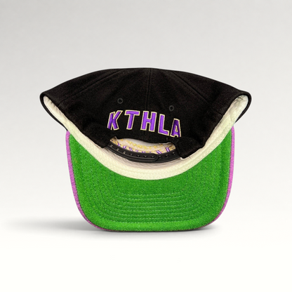 Raree Finds Kill the Hype x Los Angeles Lakers wool snapback hat featuring a black crown and green underbrim.