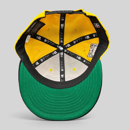 Raree Finds Los Angeles Lakers New Era 9FIFTY snapback interior showing gold crown, green undervisor, and branding