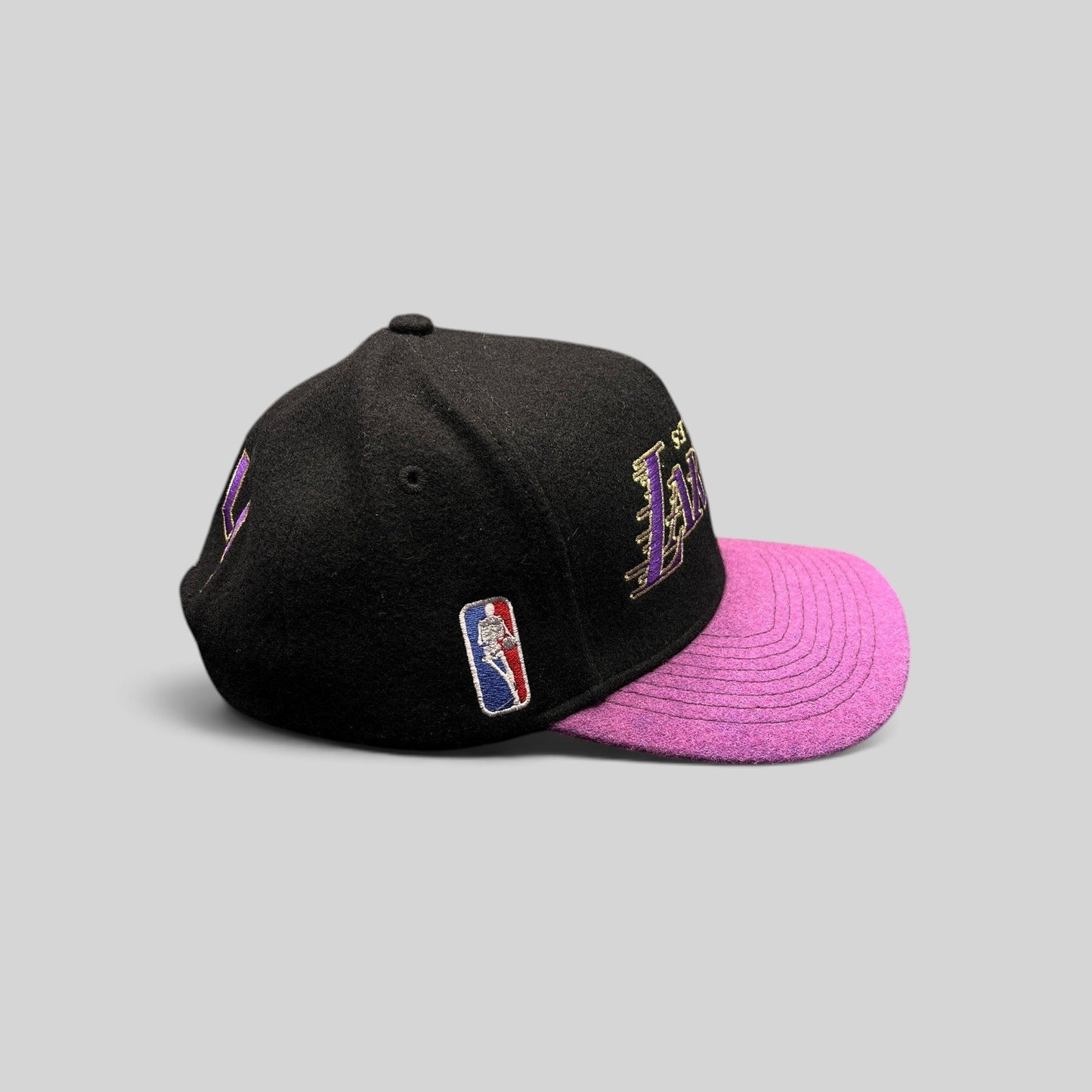 Raree Finds Kill the Hype Los Angeles Lakers snapback hat with black wool crown, purple felt brim, and NBA logo patch.