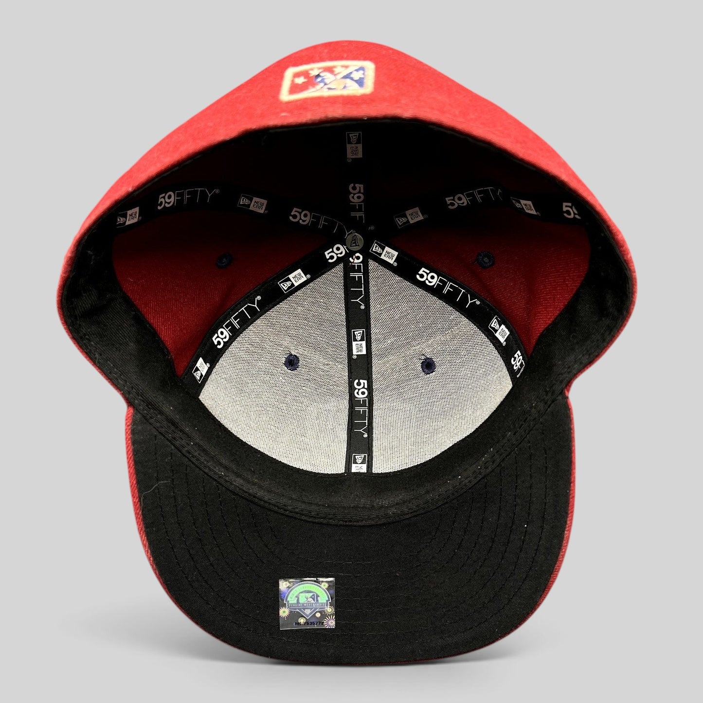 Raree Finds Lancaster JetHawks New Era 59FIFTY fitted hat interior showing branded taping and MiLB hologram sticker