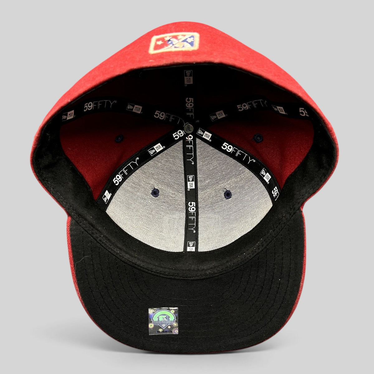 Raree Finds Lancaster JetHawks New Era 59FIFTY fitted hat interior showing branded taping and MiLB hologram sticker