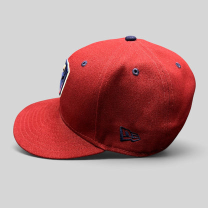 Raree Finds Lancaster JetHawks New Era 59FIFTY fitted baseball cap in red with navy accents and side logo embroidery.
