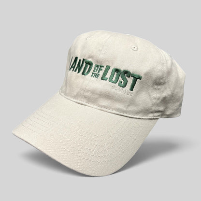 Raree Finds Land of the Lost 2009 movie promo strapback hat in off-white cotton with green embroidered lettering.