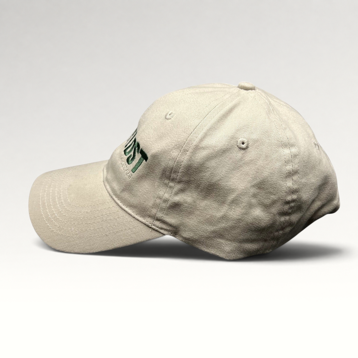 Raree Finds off-white cotton strapback hat with green Land of the Lost movie embroidery and curved brim