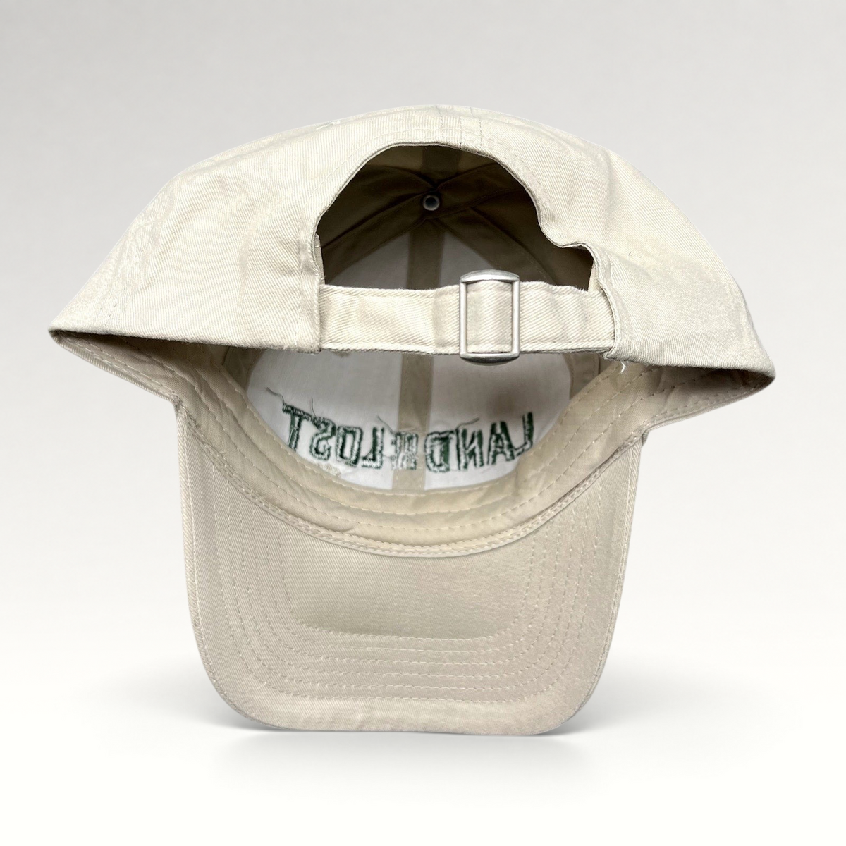 Raree Finds Land of the Lost 2009 movie promo strapback hat in off-white cotton with green embroidered lettering