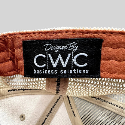 Raree Finds Lang BBQ Smokers trucker hat interior featuring a CWC Business Solutions branded tag and mesh lining