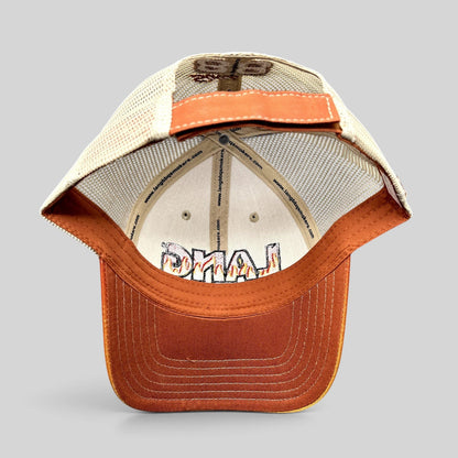 Raree Finds Lang BBQ Smokers trucker hat interior view showing branded tape and orange and tan mesh construction