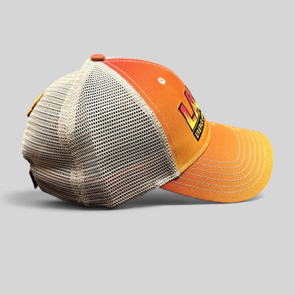 Raree Finds Lang BBQ Smokers trucker hat in orange and tan with mesh back and embroidered flame logo side view