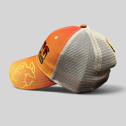 Raree Finds Lang BBQ Smokers orange and tan trucker hat with mesh back and embroidered flame logo side view