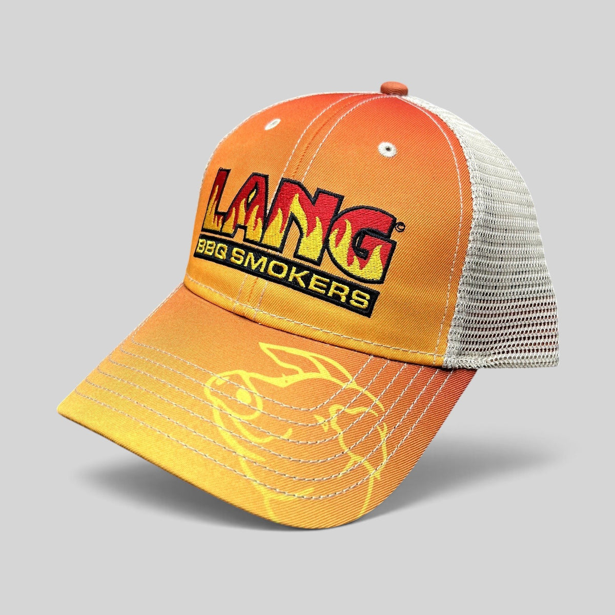 Raree Finds Lang BBQ Smokers trucker snapback hat in orange and tan with an embroidered flame logo and mesh back