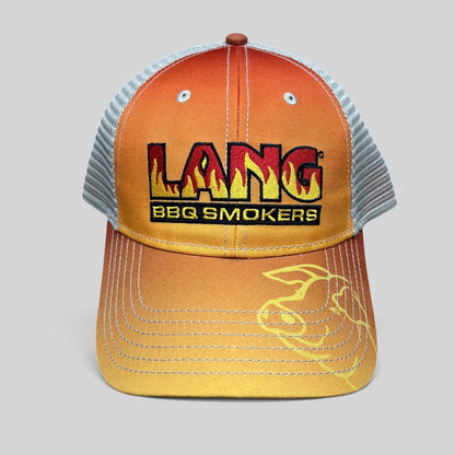 Raree Finds Lang BBQ Smokers trucker hat in orange and tan with embroidered flame logo and mesh back panels