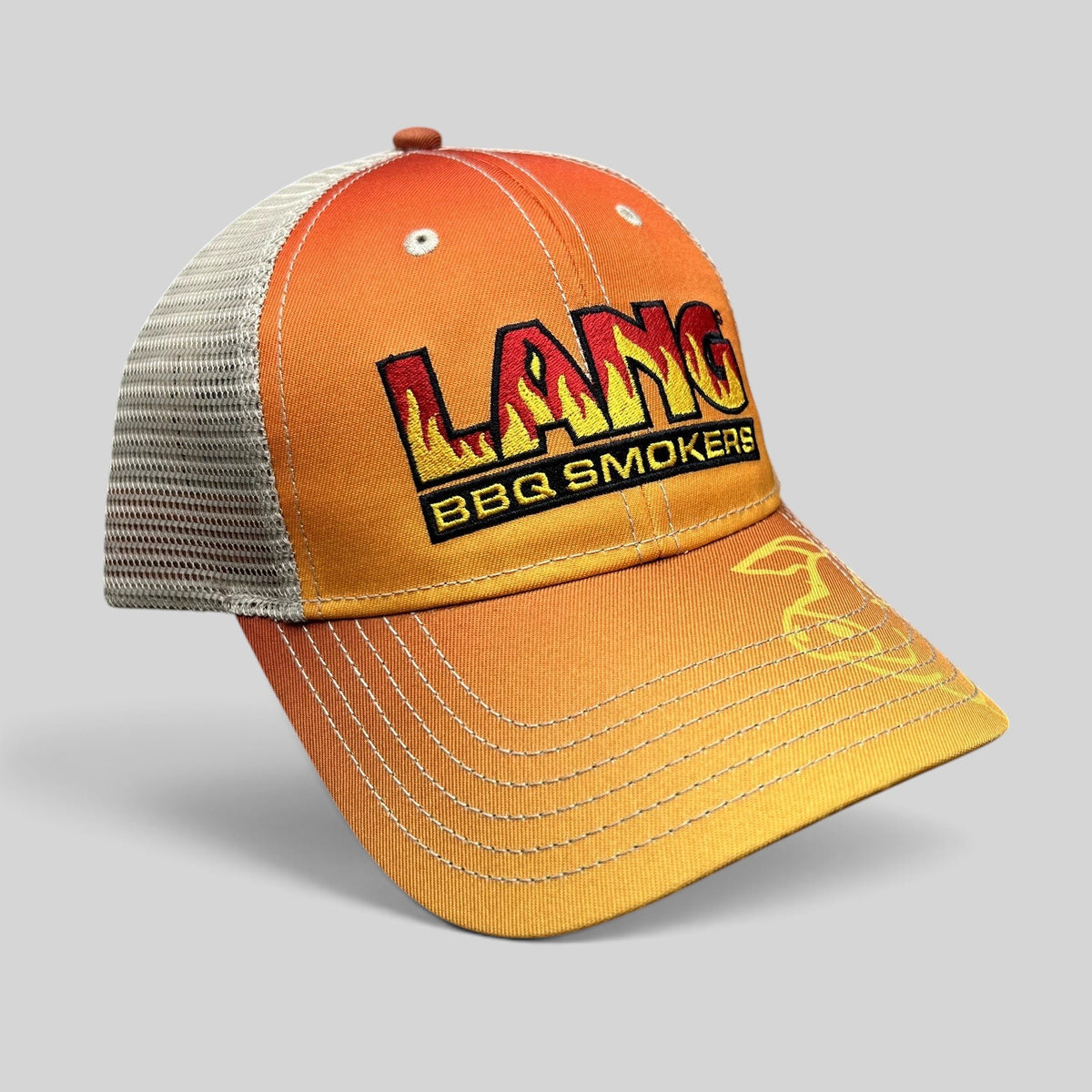 Raree Finds Lang BBQ Smokers trucker snapback hat in orange and tan with an embroidered flame logo and mesh back.