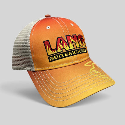 Raree Finds Lang BBQ Smokers trucker snapback hat in orange and tan with an embroidered flame logo and mesh back.