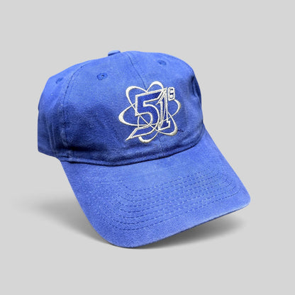Raree Finds royal blue Las Vegas 51s strapback hat with embroidered atomic logo on a black background