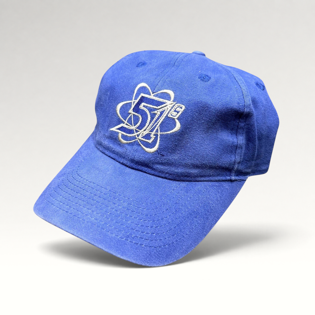 Raree Finds royal blue Las Vegas 51s strapback hat with white embroidered atomic logo on cotton fabric