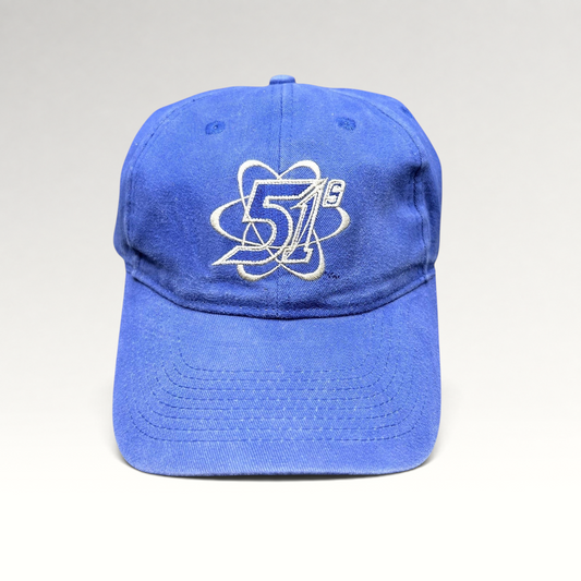 Raree Finds royal blue Las Vegas 51s MiLB strapback hat with white embroidered atomic logo on the front