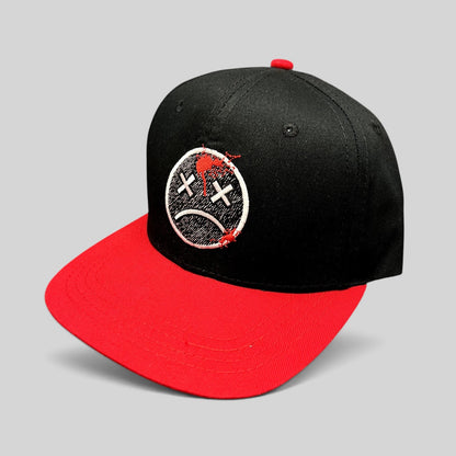 Raree Finds LawBreakers black and red snapback hat with embroidered distressed smiley face logo on the front