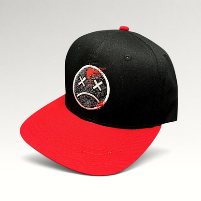 Raree Finds LawBreakers black and red snapback hat with embroidered distressed smiley face logo on the front