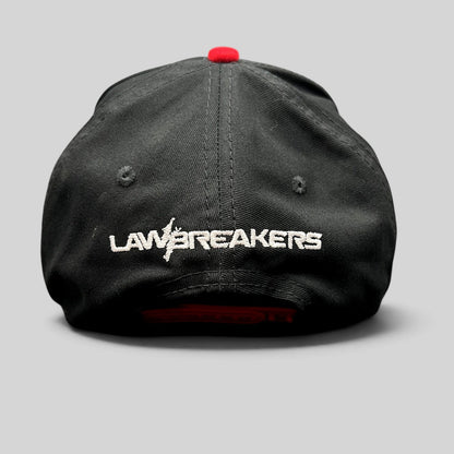 Raree Finds LawBreakers black and red snapback hat with white embroidered logo on the back