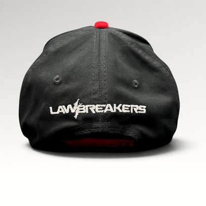 Raree Finds LawBreakers black and red snapback hat with white embroidered logo on the back
