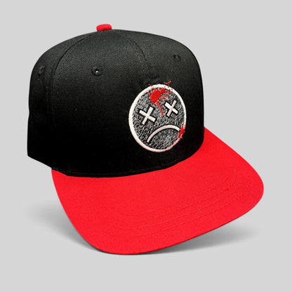 Raree Finds LawBreakers snapback hat in black and red with an embroidered distressed smiley face logo on the front.