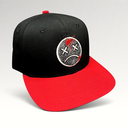 Raree Finds LawBreakers snapback hat in black and red with an embroidered distressed smiley face logo on the front.