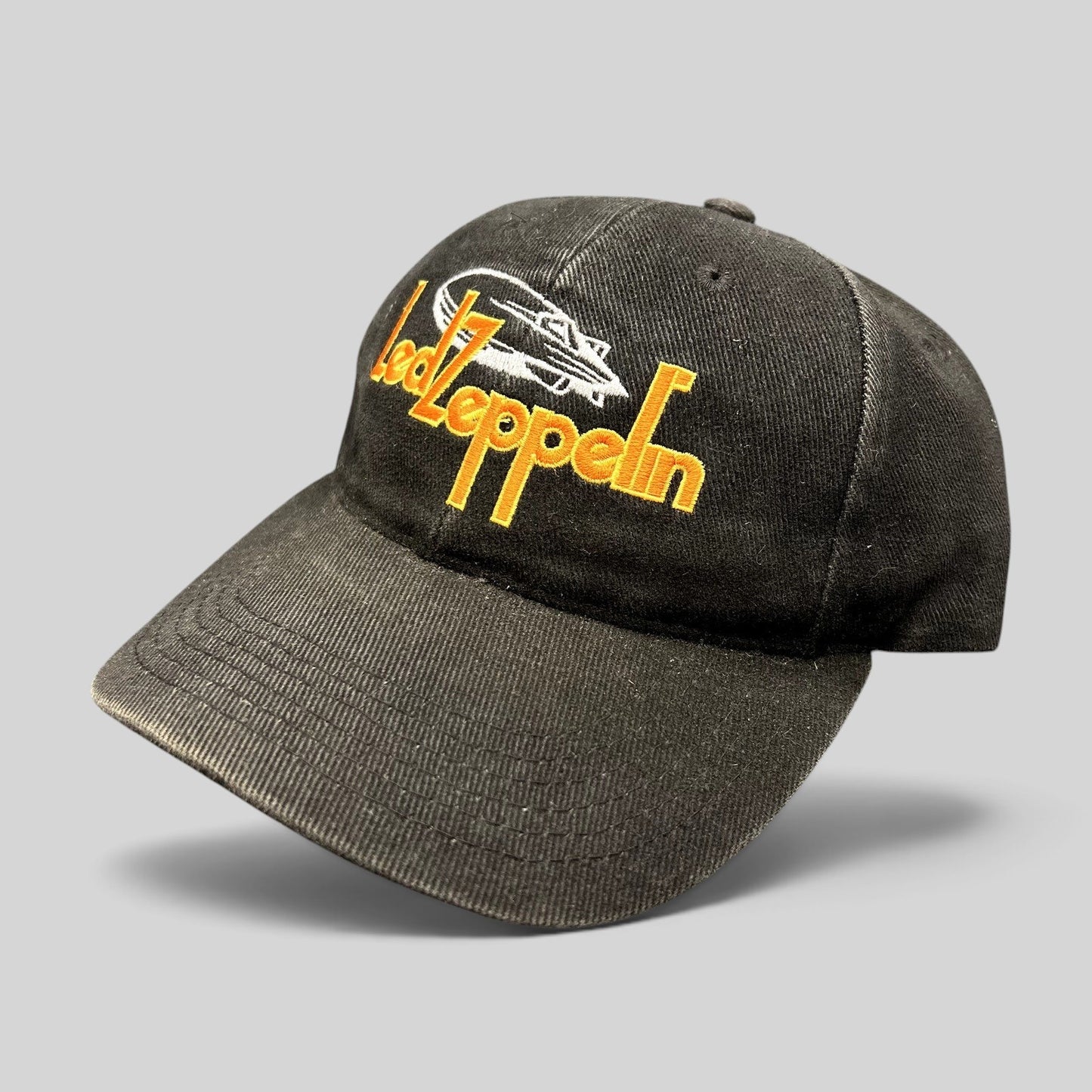 Raree Finds black cotton strapback hat featuring an embroidered Led Zeppelin logo and airship graphic