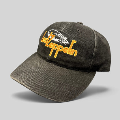 Raree Finds black cotton strapback hat featuring an embroidered Led Zeppelin logo and airship graphic
