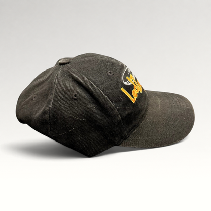 Raree Finds black cotton Led Zeppelin strapback hat with embroidered yellow logo and airship graphic, side view.