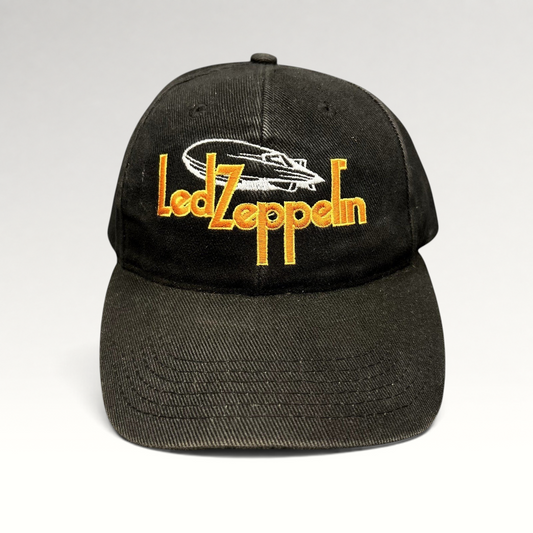 Raree Finds black cotton strapback hat featuring an embroidered yellow Led Zeppelin logo and white airship graphic.