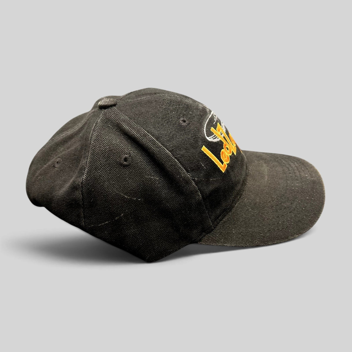 Raree Finds black cotton Led Zeppelin strapback hat featuring an embroidered airship logo and brass buckle closure.