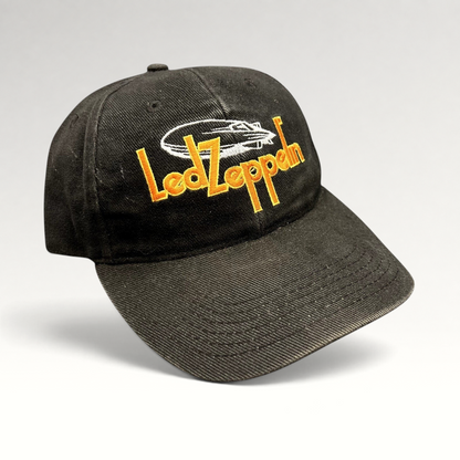 Raree Finds black cotton Led Zeppelin strapback hat with embroidered yellow logo and airship graphic
