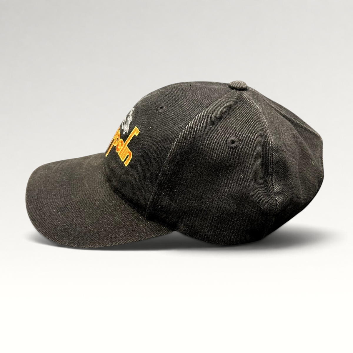 Raree Finds black cotton Led Zeppelin strapback hat with embroidered band logo and airship graphic, side view.