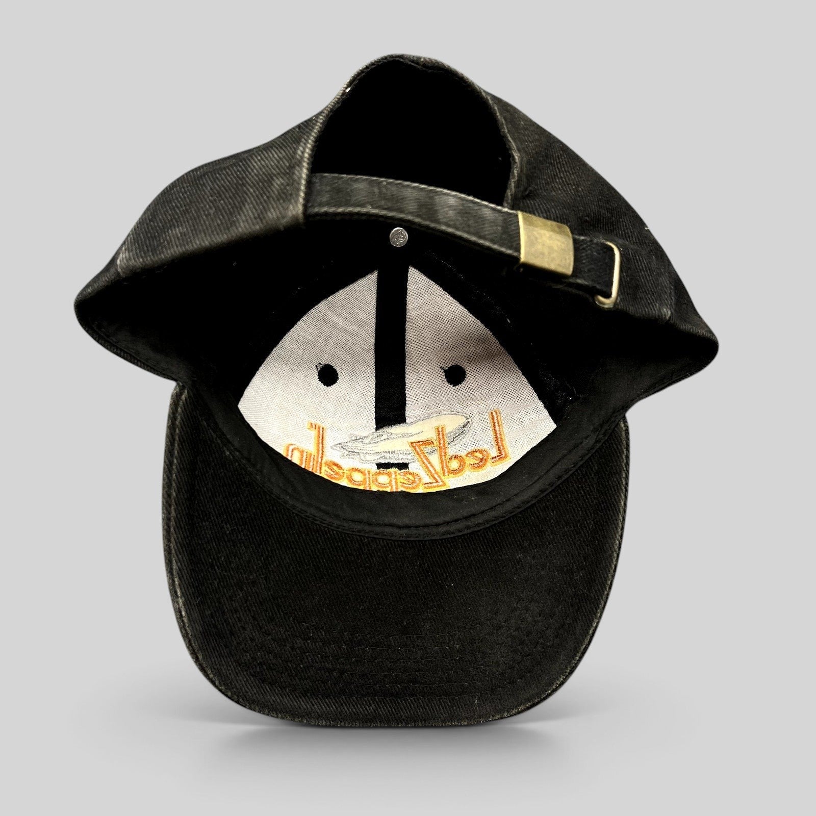 Raree Finds black cotton Led Zeppelin strapback hat with embroidered airship logo and adjustable brass buckle