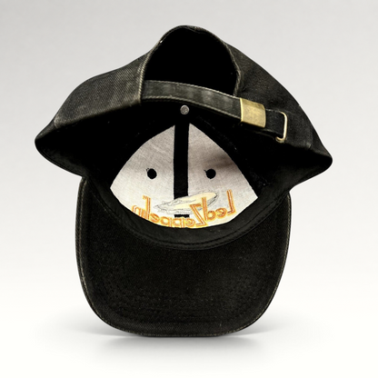 Raree Finds black cotton Led Zeppelin strapback hat with brass buckle and embroidered airship logo on the interior