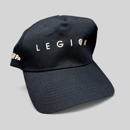 Raree Finds black Legion Marvel FX strapback hat with white logo embroidery on the front and side panel.